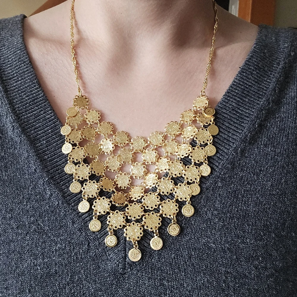 Vintage Gold Coin Medallion Bib Statement Necklace